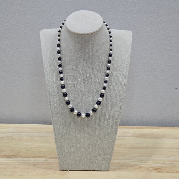 Lapis Lazuli and Pearl Graduated Bead Thread Strung 17" Necklace 14K GF Clasp - Picture 2 of 16